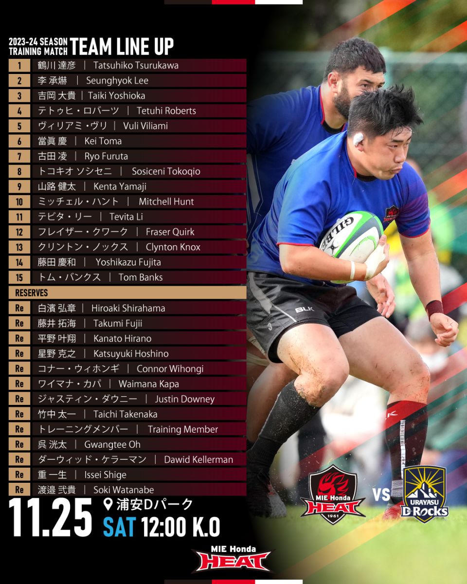 再投稿【トレーニングマッチ】11月25日(土) vs 浦安D-Rocks メンバー情報