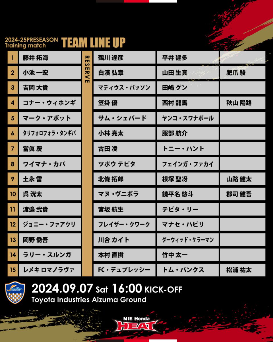 【メンバー発表】2024-25プレシーズン トレーニングマッチ 9/7(土)豊田自動織機シャトルズ愛知戦