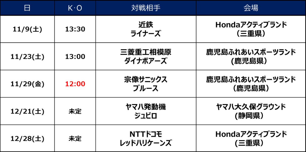 2019シーズン　オープン戦日程 ※10/7(月)試合時間変更