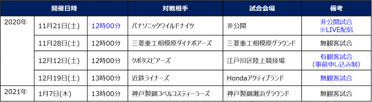 ※11/16更新　 2020-2021シーズン 練習試合 追加情報のお知らせ